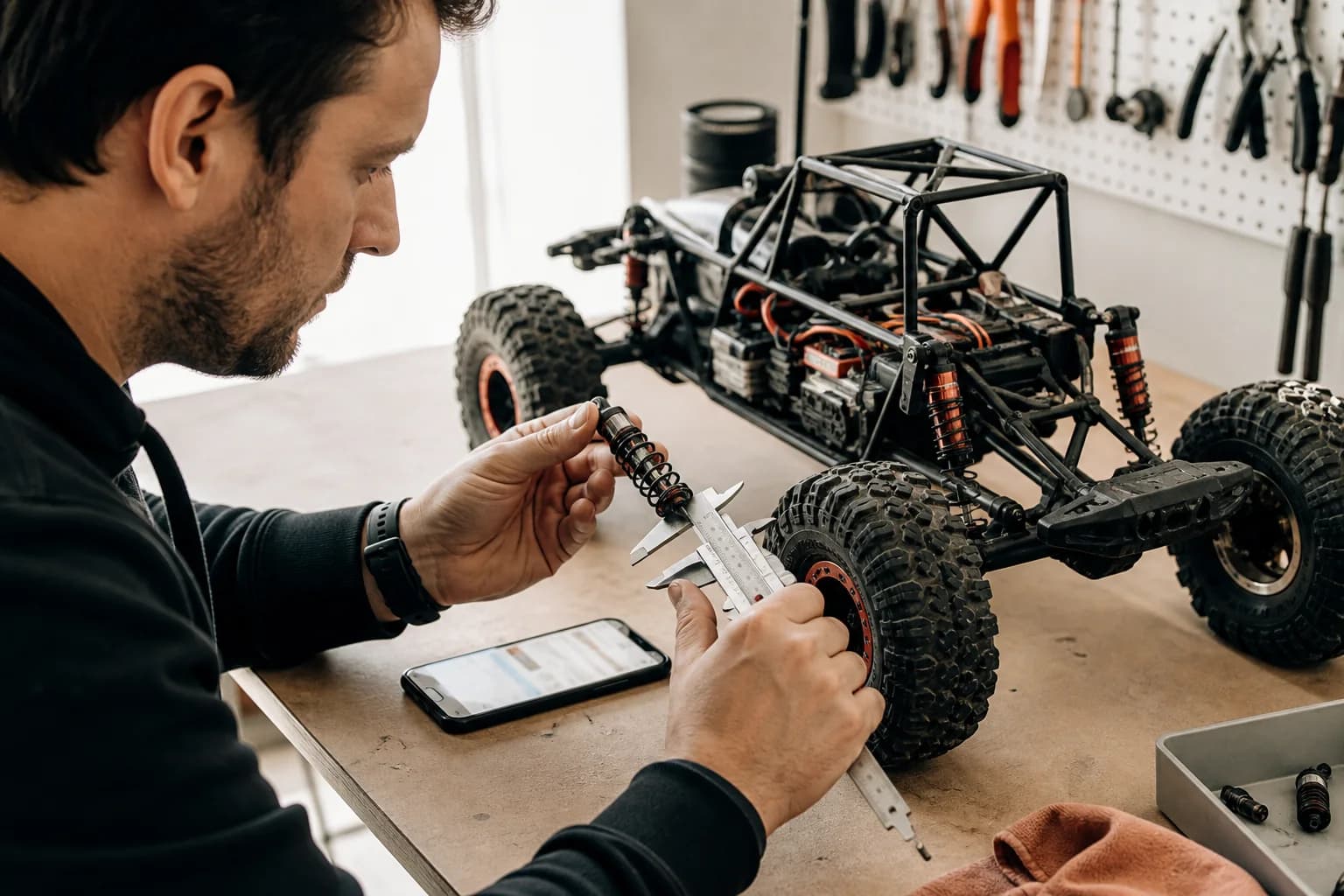 An RC buyer checking a crawler suspension part and its measurements