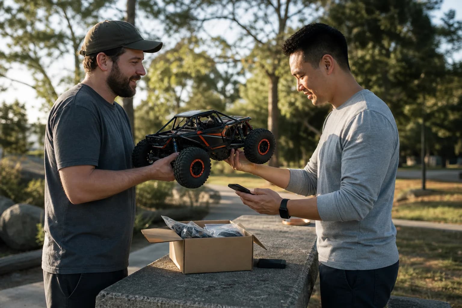 Two RC hobbyists completing a local crawler handoff