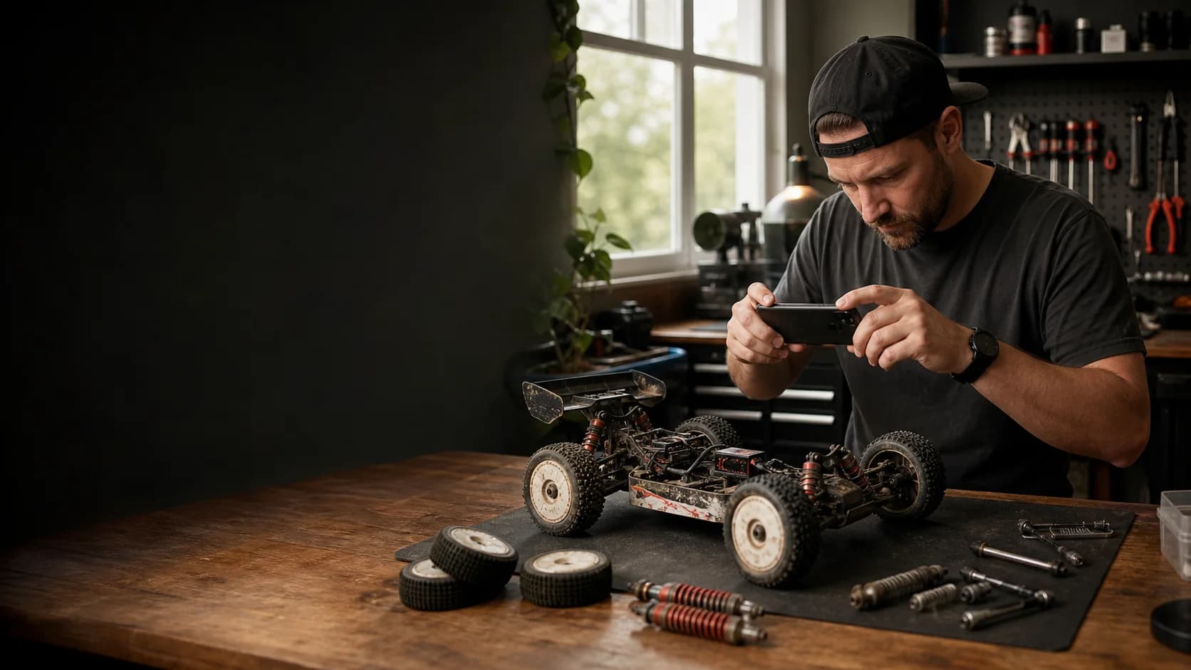 An RC hobbyist photographing a used buggy and spare parts for a listing
