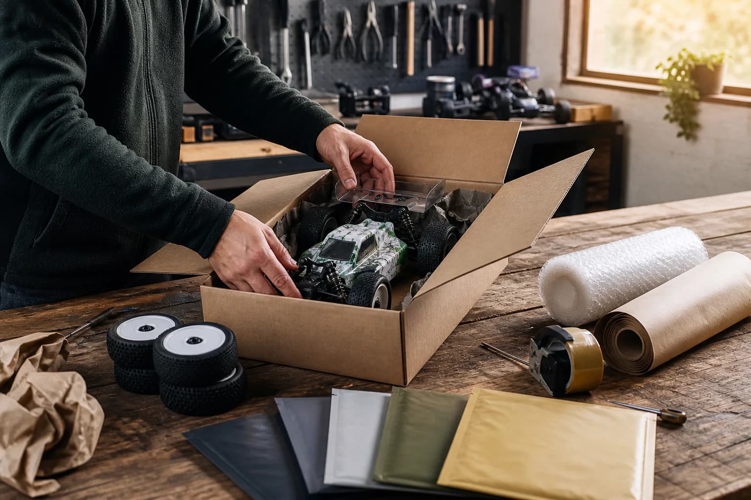 An RC seller safely packing a buggy and spare wheels for shipment