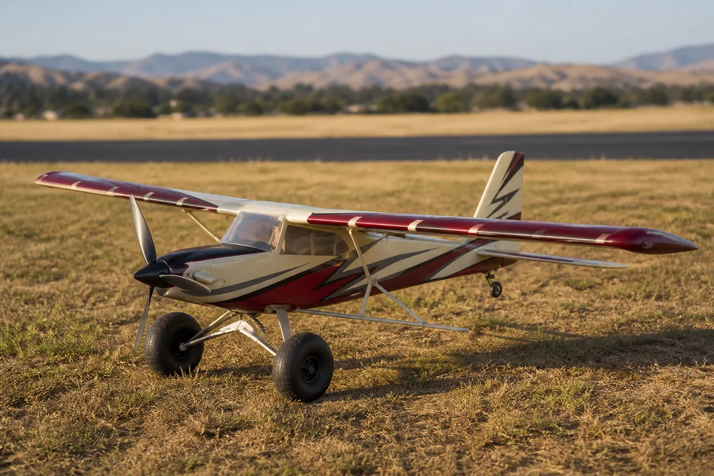Hobby-grade electric RC STOL airplane at a model flying field